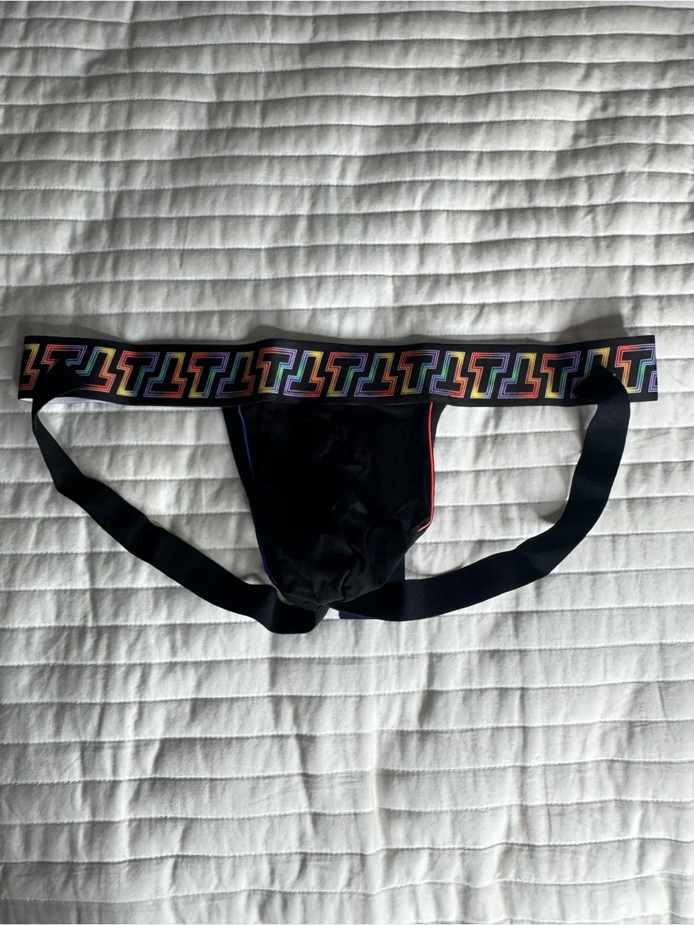 TIMOTEO Men's Black Stretch Jockstrap with Rainbow Geometric Waistband